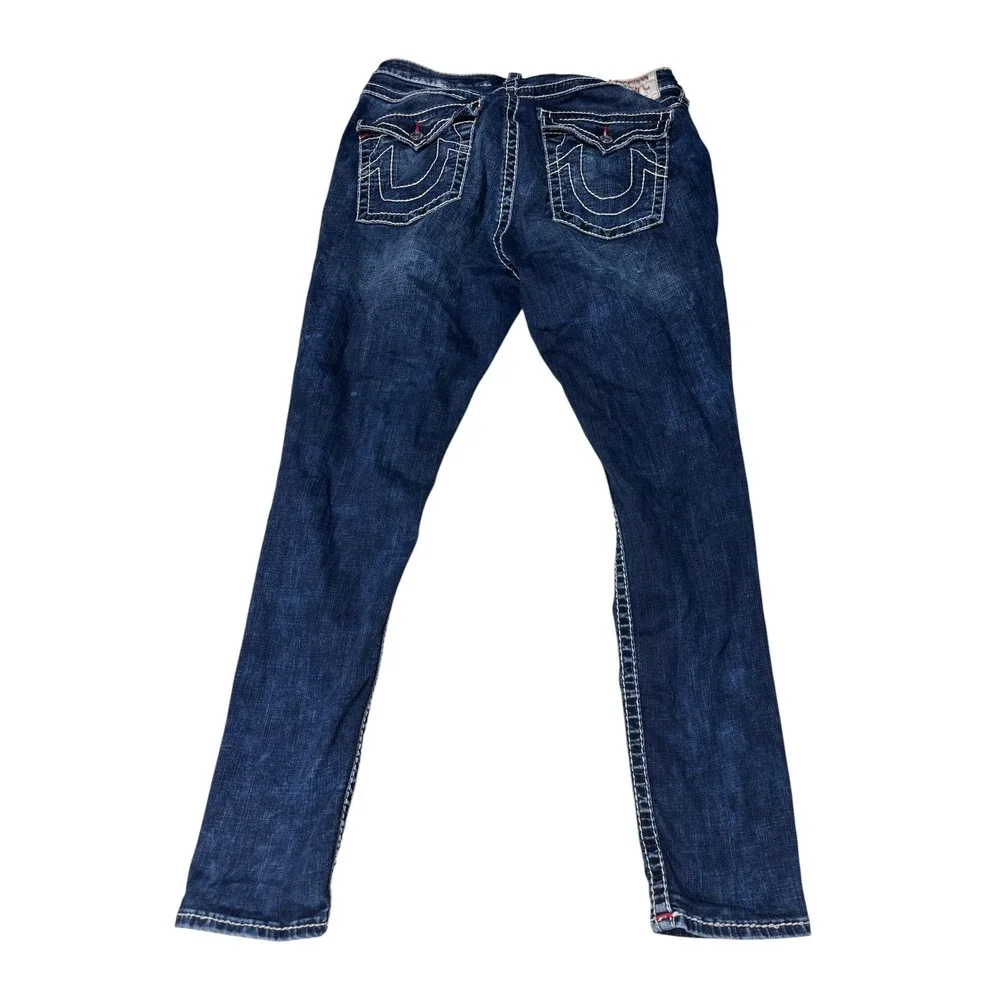 True Religion Skinny Jeans Mens 36X29 Dark Wash Distressed Contrast Stitch Blue